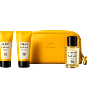 ACQUA DI PARMA 4 PCS SHAVING SET FOR MEN_ 0.67 COLOGNE+1.35 SHAVING CREAM+1.35 AFTER SHAVE EMULSION+POUCH